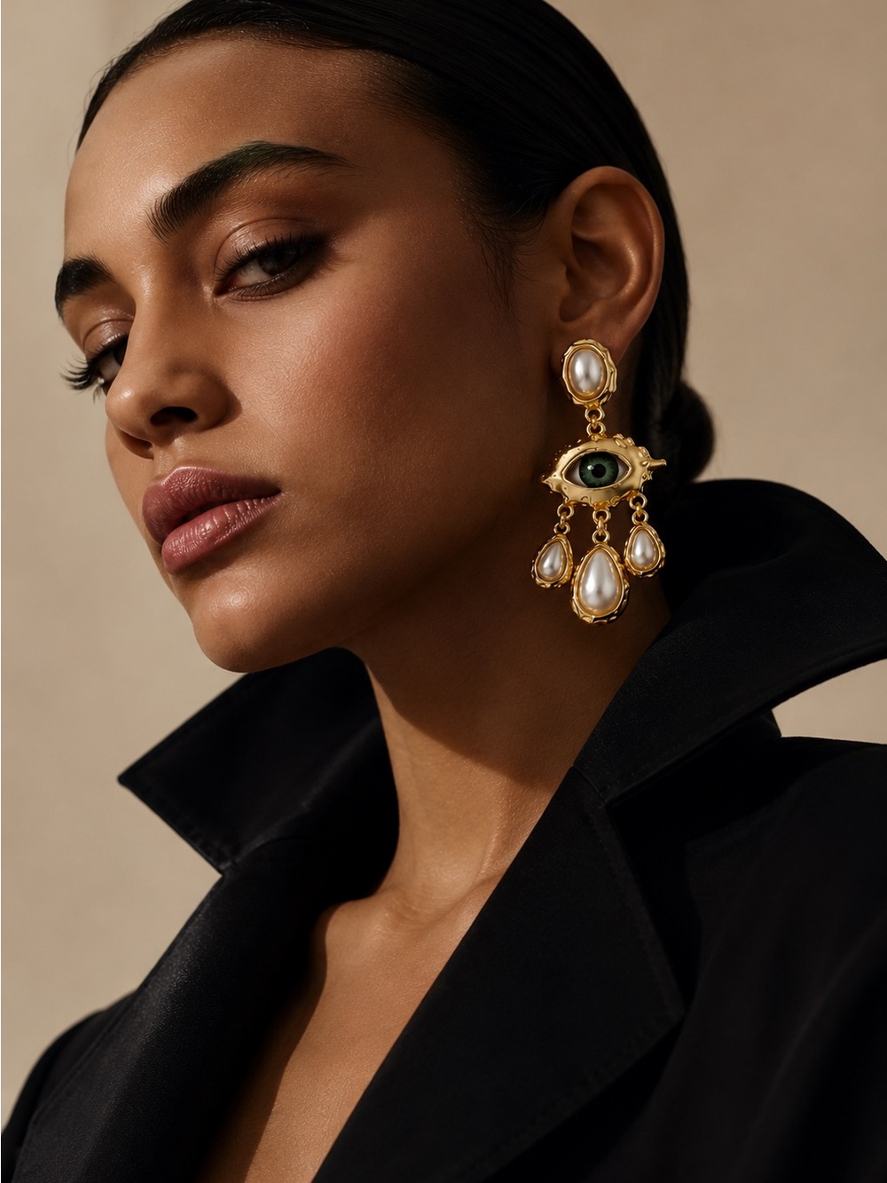 Surrealist Golden Eye Earrings with Baroque Pearl